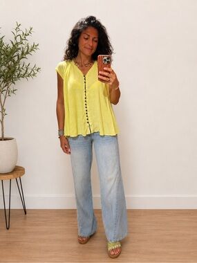 Free People Linen Blend Sleeveless Henley Tunic Top XS Yellow